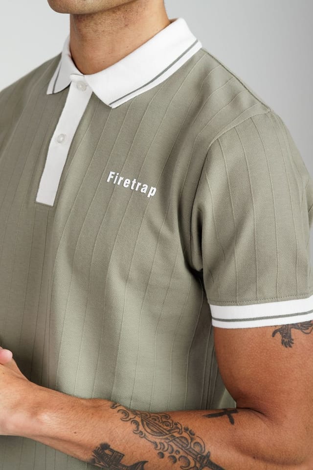 Firetrap Firetrap Men's Regular Fit Ribbed Cotton Button Polo in Khaki - 3