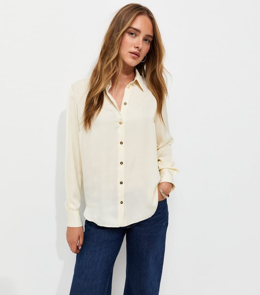 New Look Women's Cream Satin Long Sleeve Shirt New Look - 1