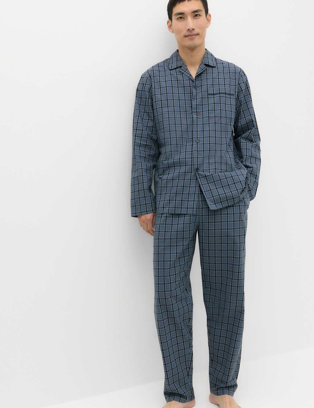 Marks & Spencer M&S Pure Cotton Checked Pyjama Set Blue Mix