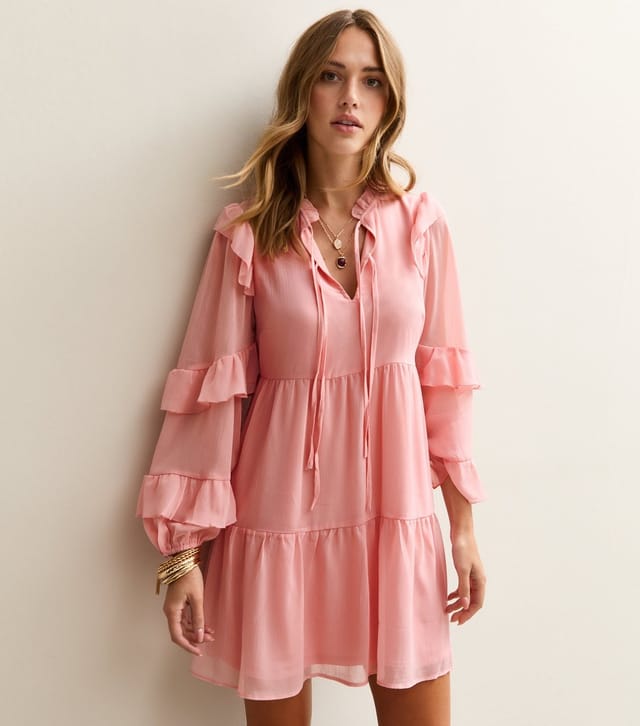 New Look Women's Pink Ruffle Trimmed Tie Neck Chiffon Mini Dress New Look - 2
