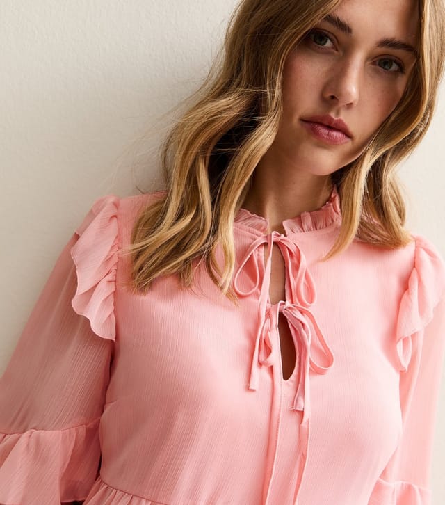 New Look Women's Pink Ruffle Trimmed Tie Neck Chiffon Mini Dress New Look - 3