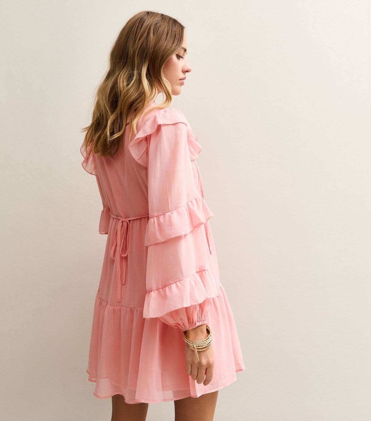 New Look Women's Pink Ruffle Trimmed Tie Neck Chiffon Mini Dress New Look - 4