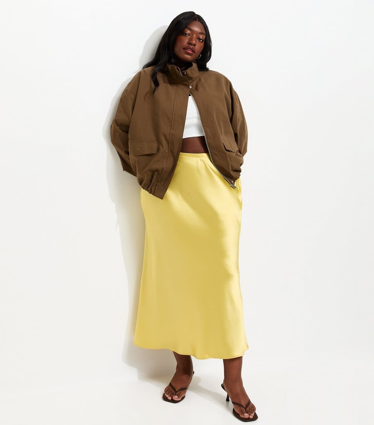 New Look Women's Plus Size Light Green Satin Bias Cut Midi Skirt Curves New Look