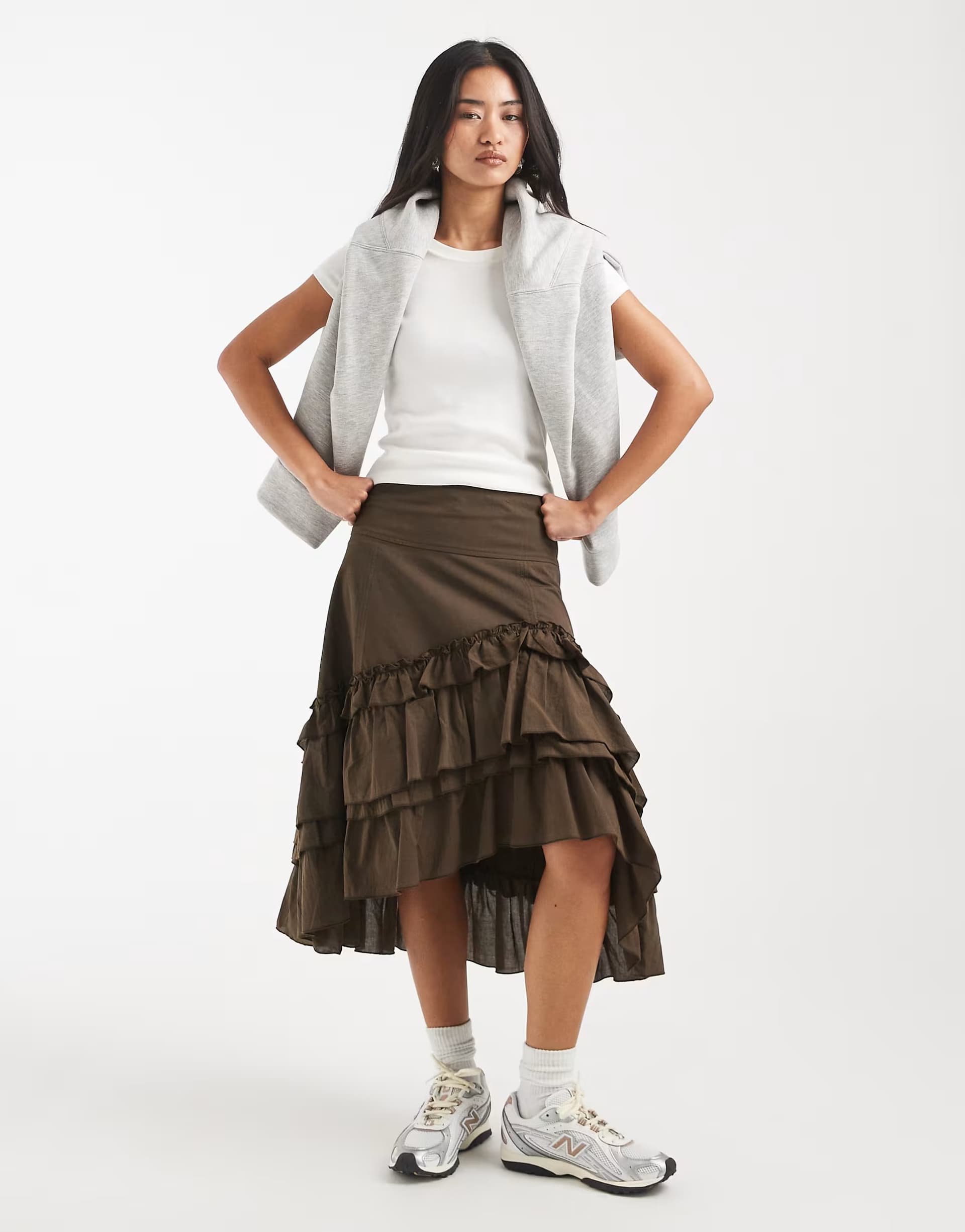 ASOS Daisy Street ruffle asymmetric midi skirt in brown