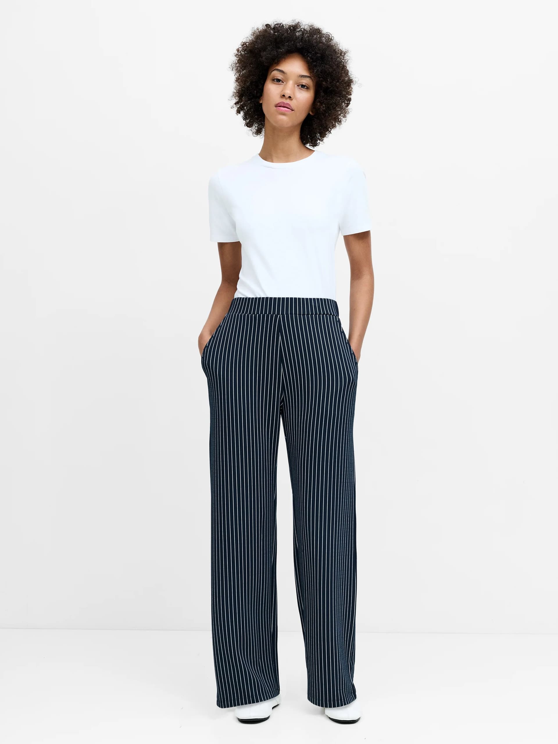 French Connection French Connection Navy Blue Pinstripe Wide Leg Trousers