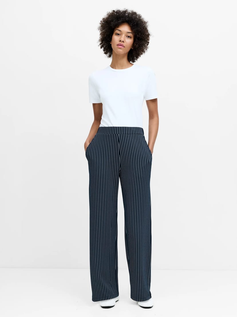 French Connection Wren Pinstripe Pull-On Navy Blue Wide Leg Trousers New Navy Blue/Linen White - 1