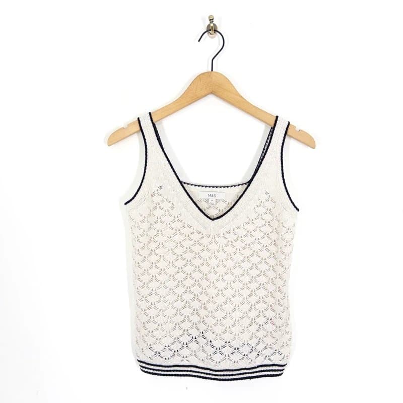 Marks & Spencer M&S Crochet Knit Vest Size XS 6 8 Ivory White Tank Top Black Border Trim Summer
