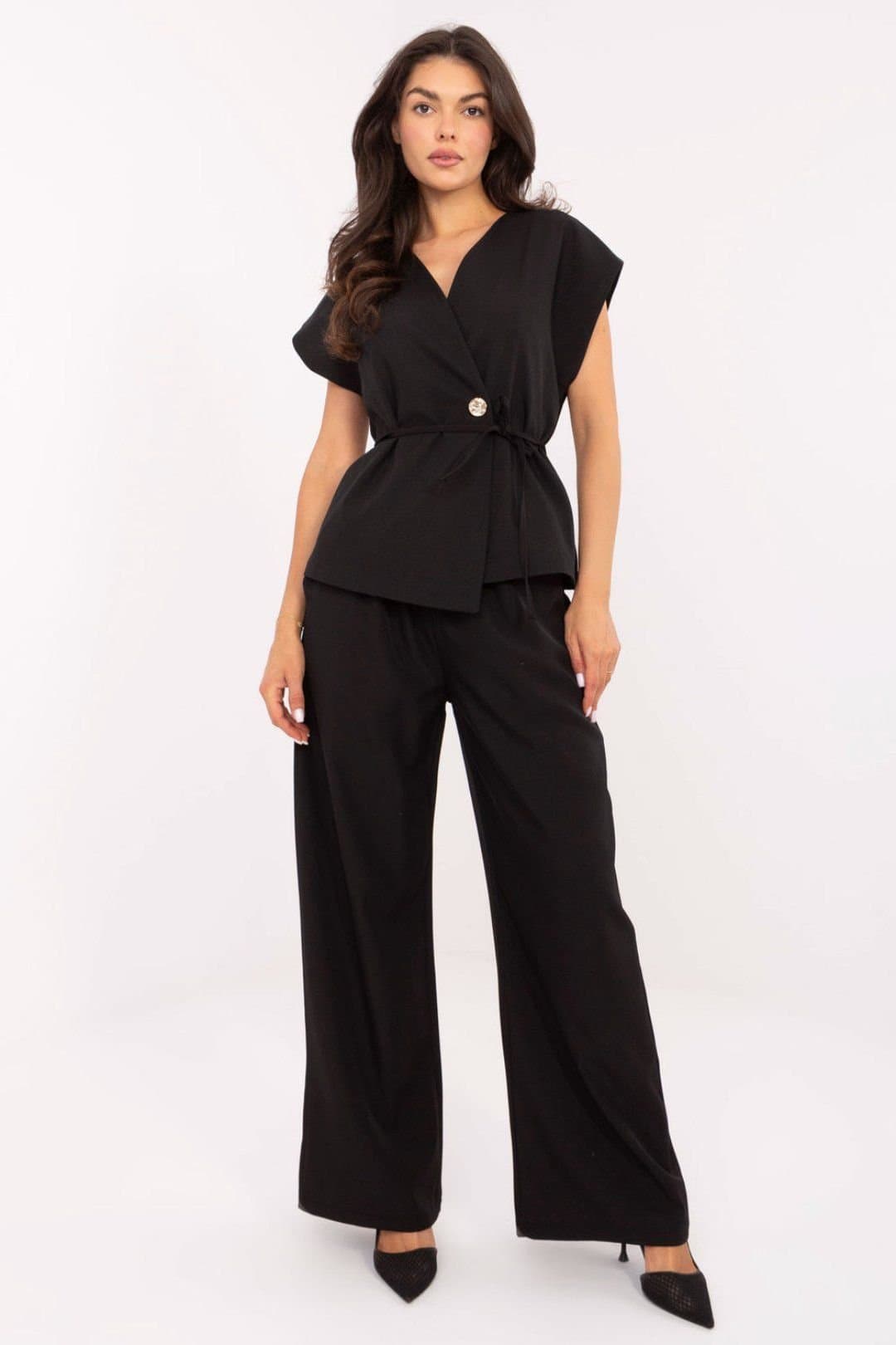 Love Lace Love Lace Women's Elegant Kimono Vest & Wide Leg Pants Set in Black