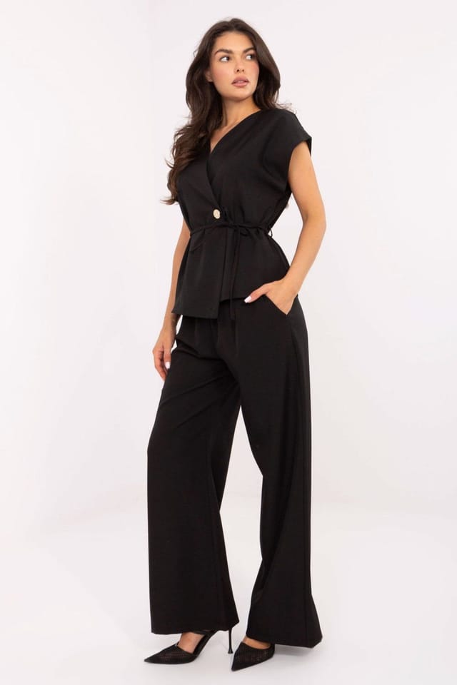 Love Lace Love Lace Women's Elegant Kimono Vest & Wide Leg Pants Set in Black - 2