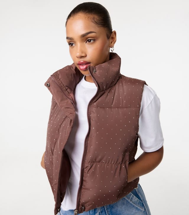 Pink Vanilla Women's Dark Brown Embellished Puffer Gilet Pink Vanilla New Look - 3