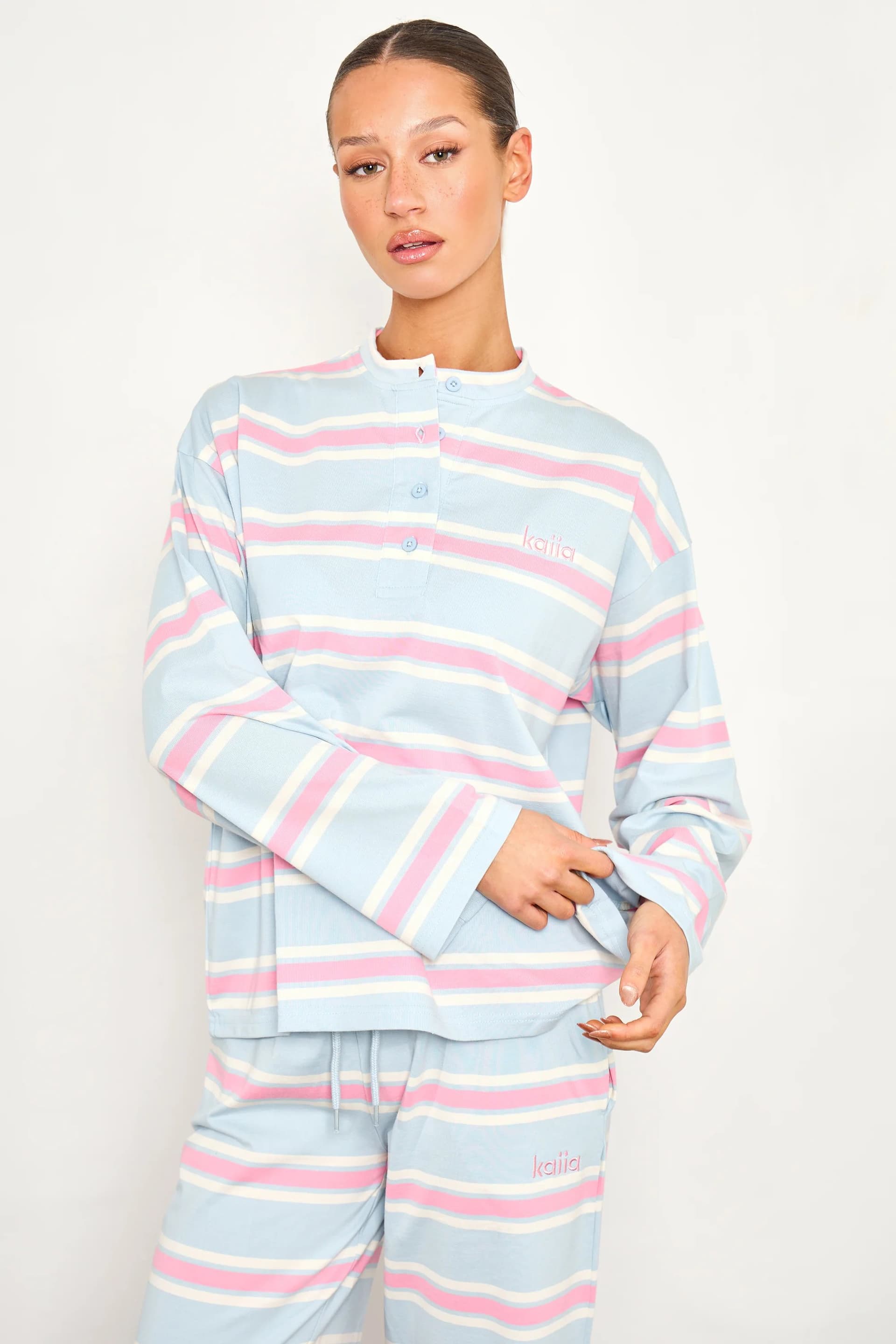 Kaiia Kaiia Striped Button Up Oversized T-shirt in Baby Pink & Blue