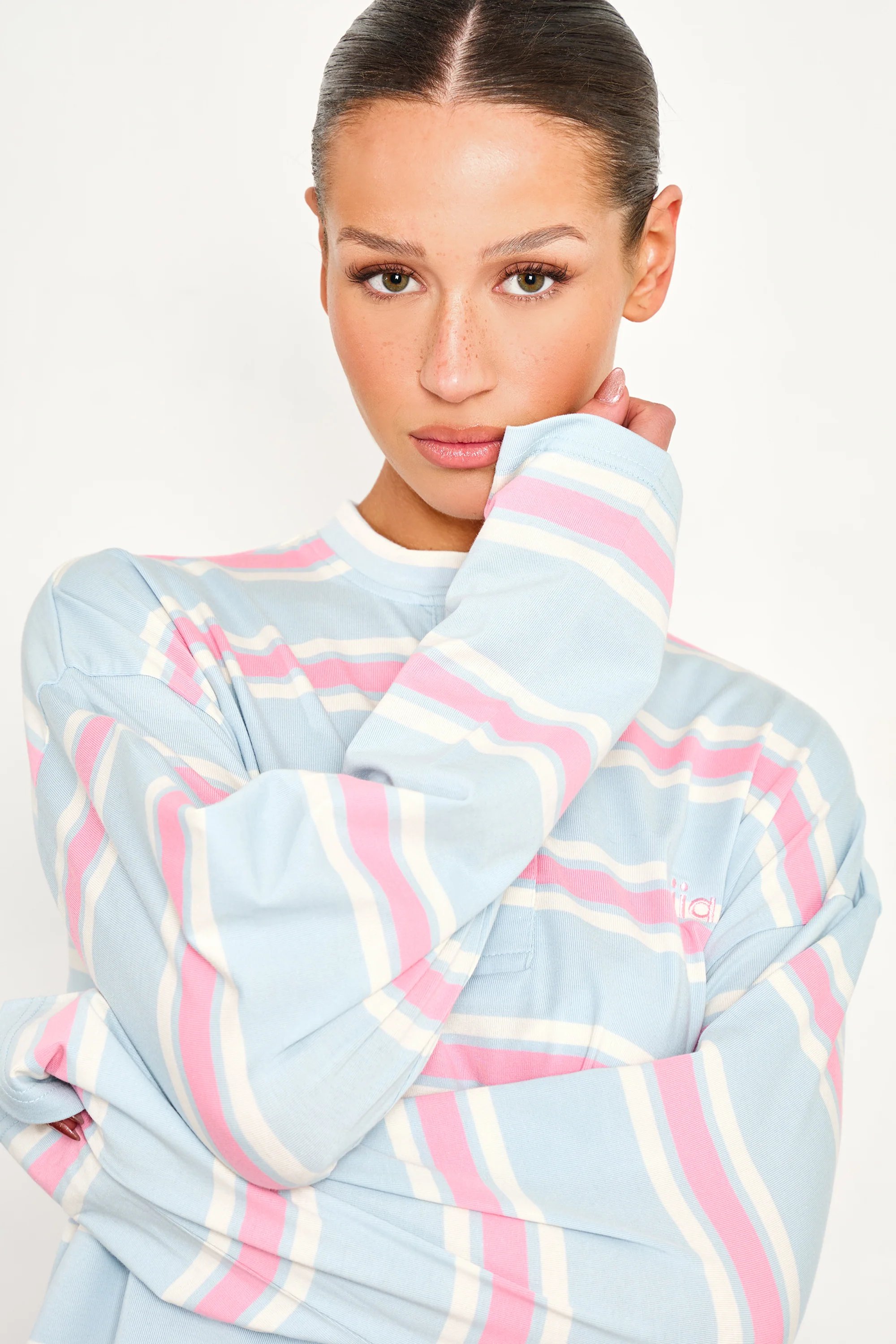 Kaiia Kaiia Striped Button Up Oversized T-shirt Baby Pink & Baby Blue - 2