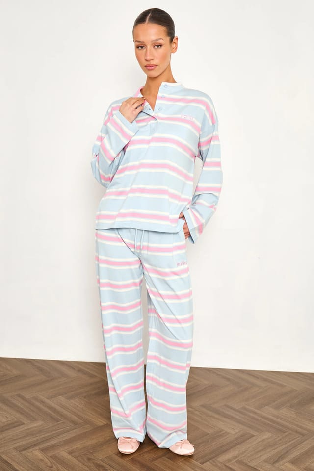 Kaiia Kaiia Striped Button Up Oversized T-shirt Baby Pink & Baby Blue - 3