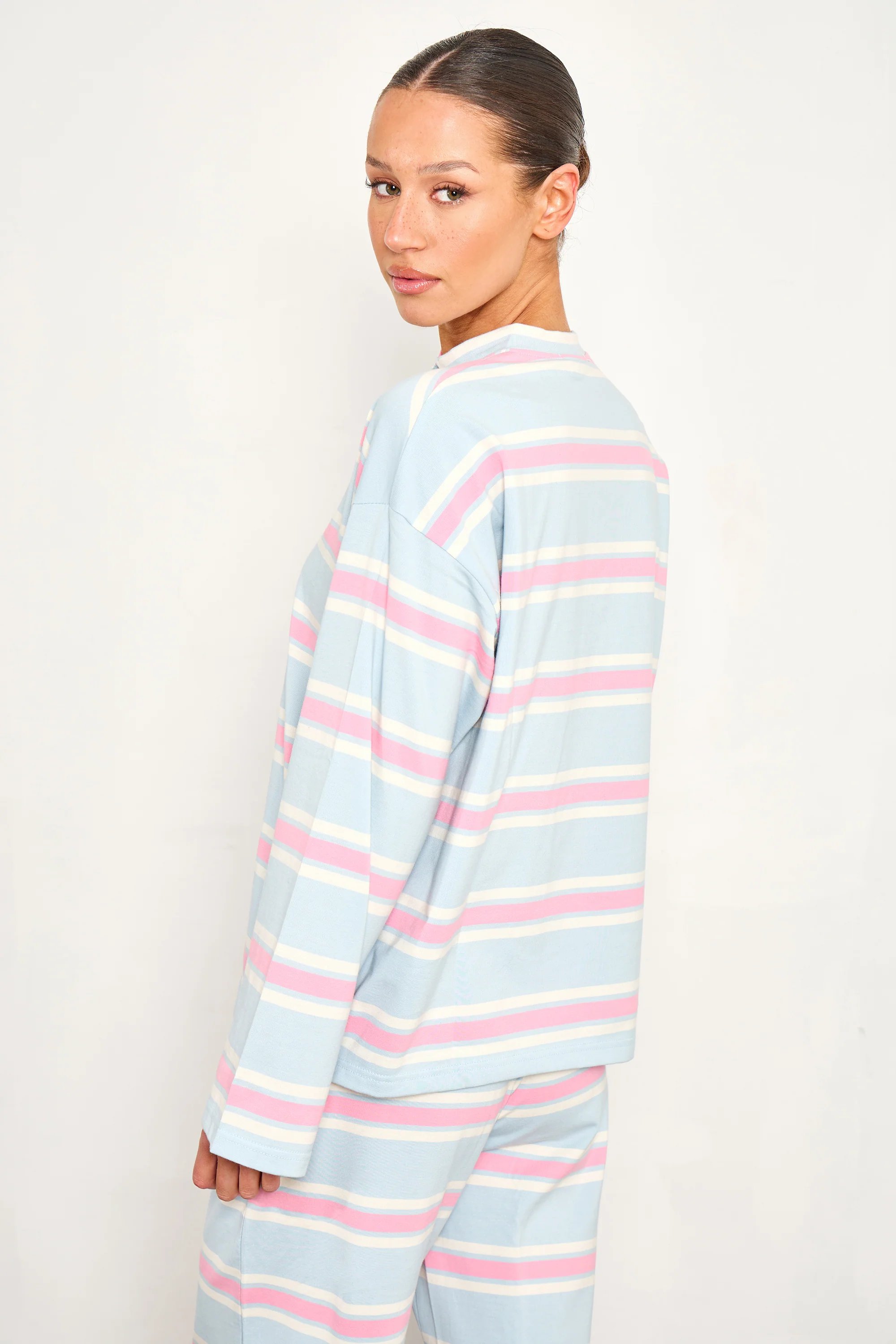 Kaiia Kaiia Striped Button Up Oversized T-shirt Baby Pink & Baby Blue - 4