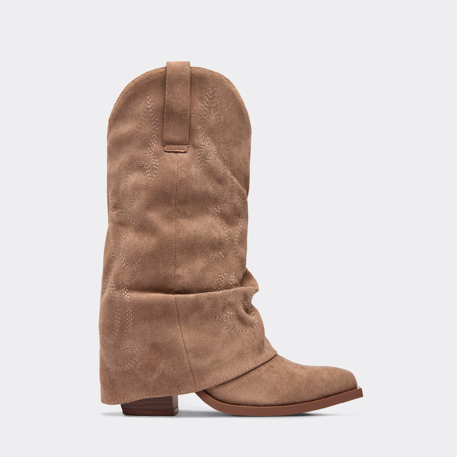 EGO Mellen Embroidered Detail Slouched Mid Calf Western Cowboy Boot In Beige Faux Suede, Women's Size UK 3
