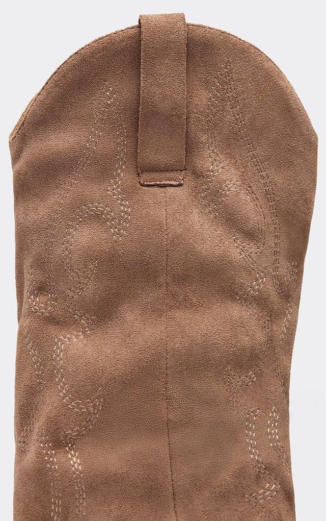EGO Mellen Embroidered Detail Slouched Mid Calf Western Cowboy Boot In Beige Faux Suede, Women's Size UK 3 - 2