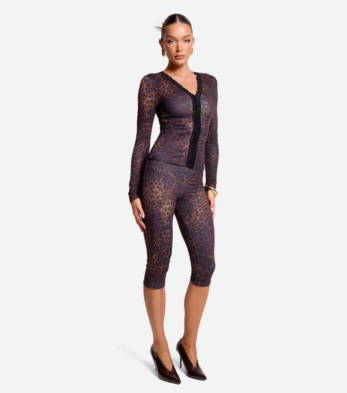 Public Desire Women's Brown Leopard Print Lace Trim Capri Trousers Public Desire New Look