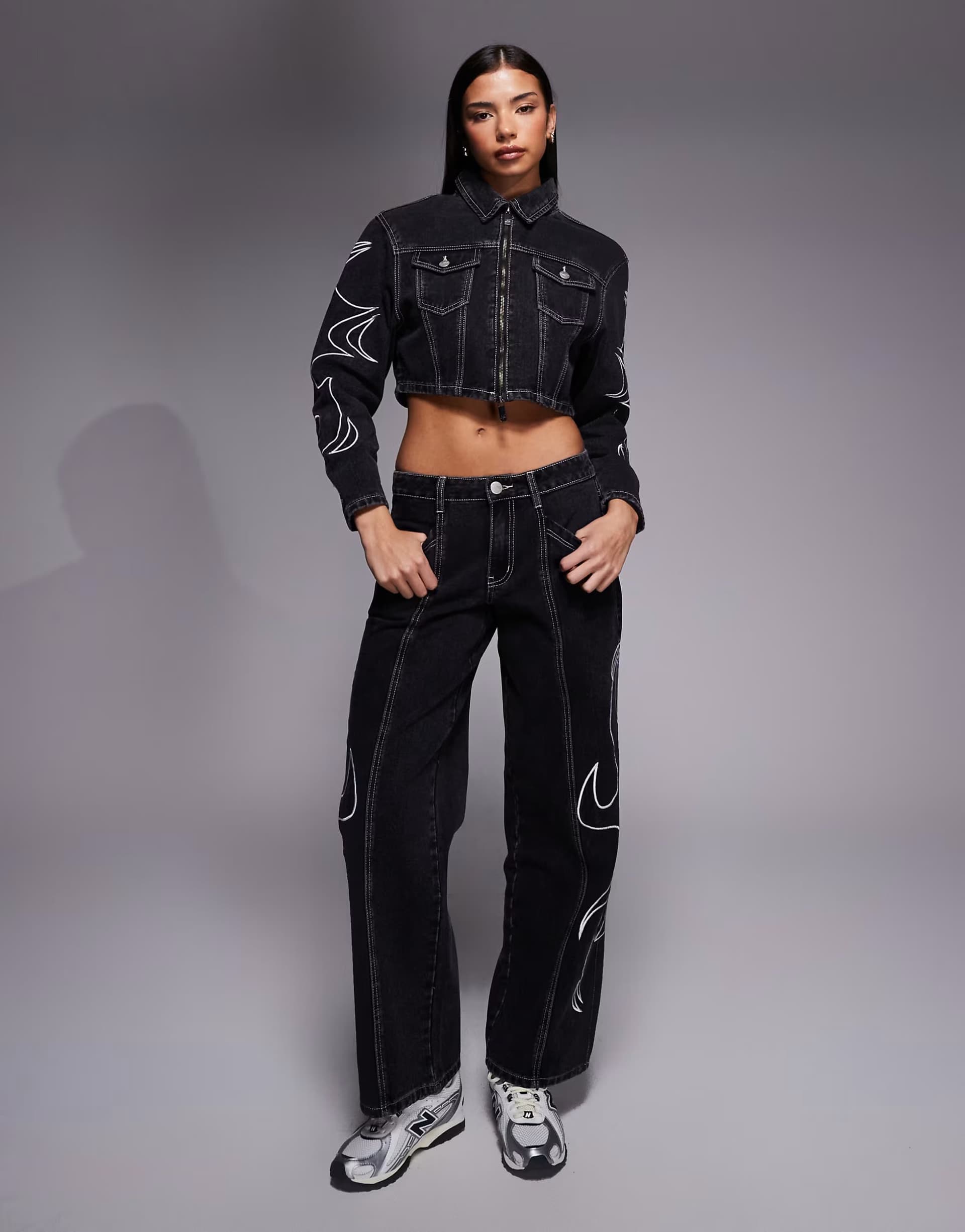 ASOS Liquor N Poker boxy denim jacket & jean with applique detail co-ord in black