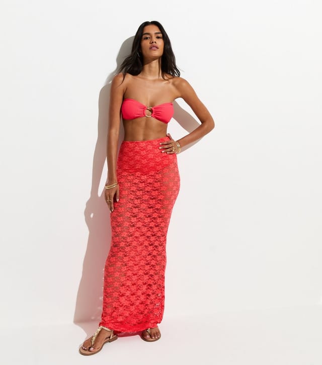 New Look Women's Dark Coral Lace Column Beach Maxi Skirt New Look - 3