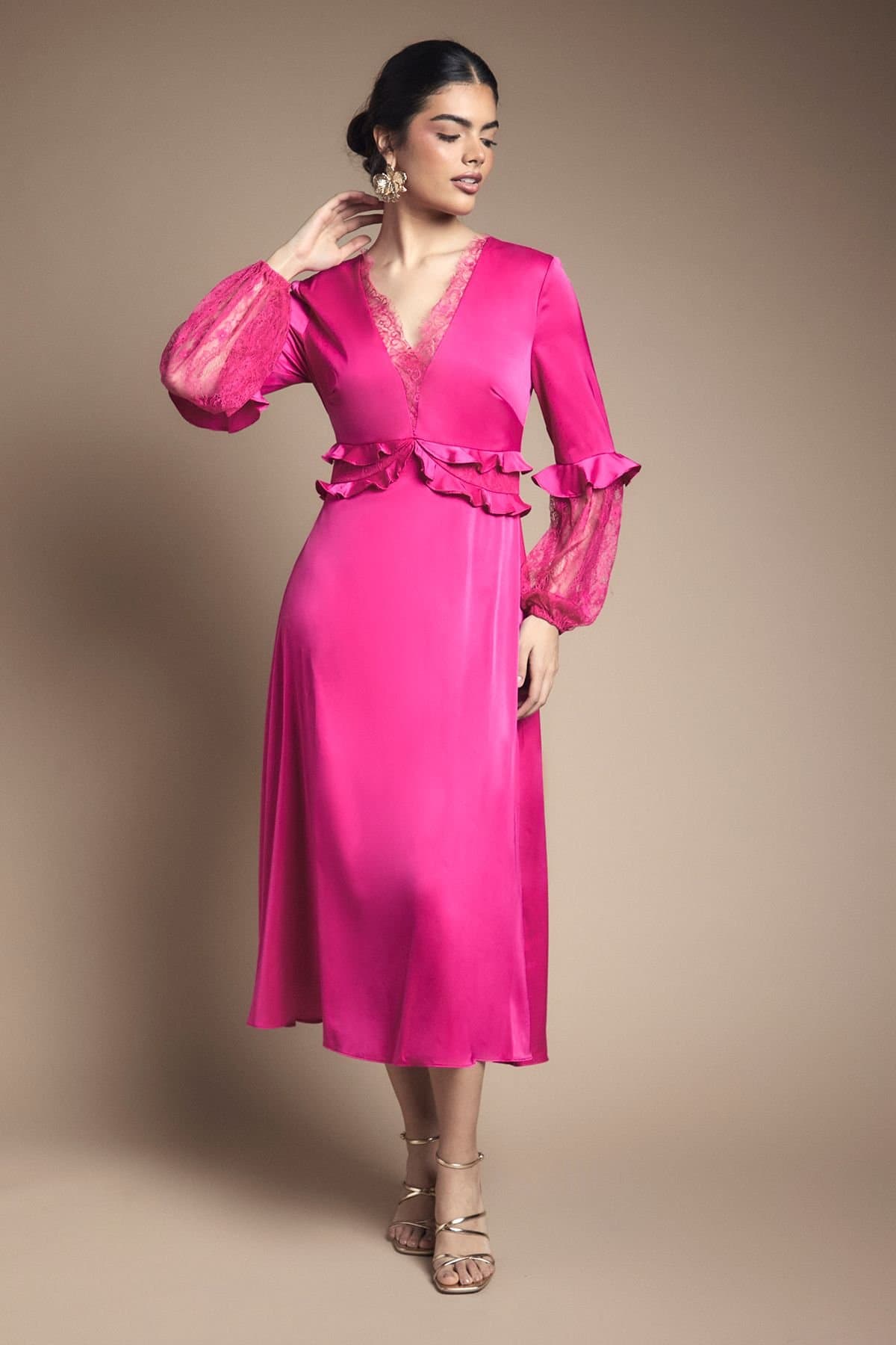 Oasis Oasis Women's Lace Sleeve Frill Waist V Neck Midi Dress in Fuchsia