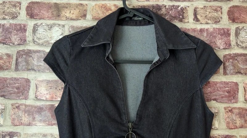 Jane Norman Jane Norman Vintage Denim Look Mini Dress UK 8 Dark Wash Stretch Zip Belt Y2K - 1