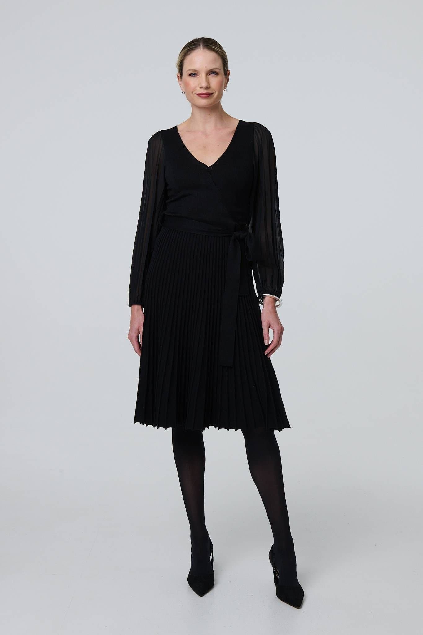 Izabel London Izabel London Women's Semi Sheer Pleated Knee length Dress in Black