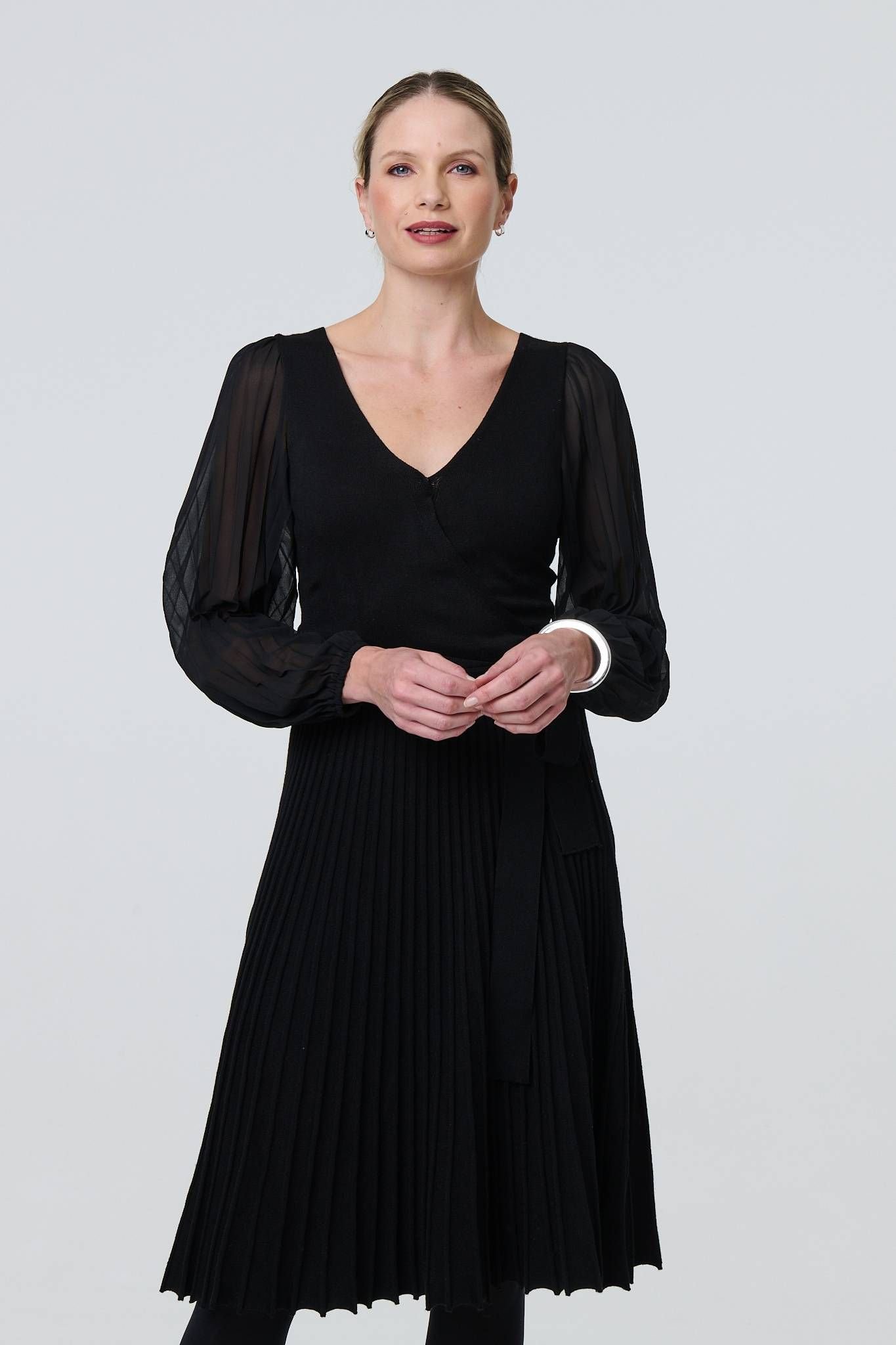 Izabel London Izabel London Women's Semi Sheer Pleated Knee length Dress in Black - 2