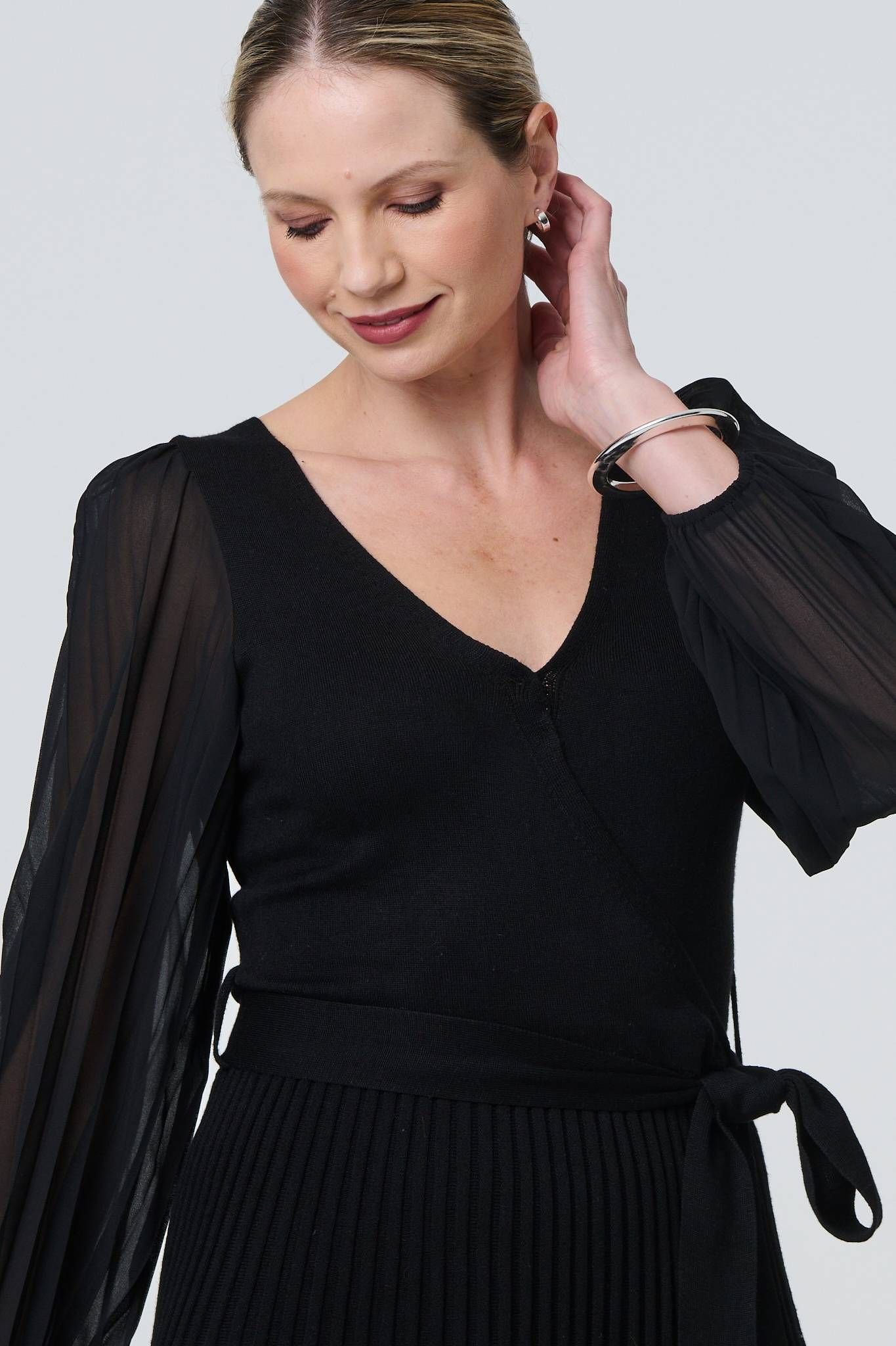 Izabel London Izabel London Women's Semi Sheer Pleated Knee length Dress in Black - 4