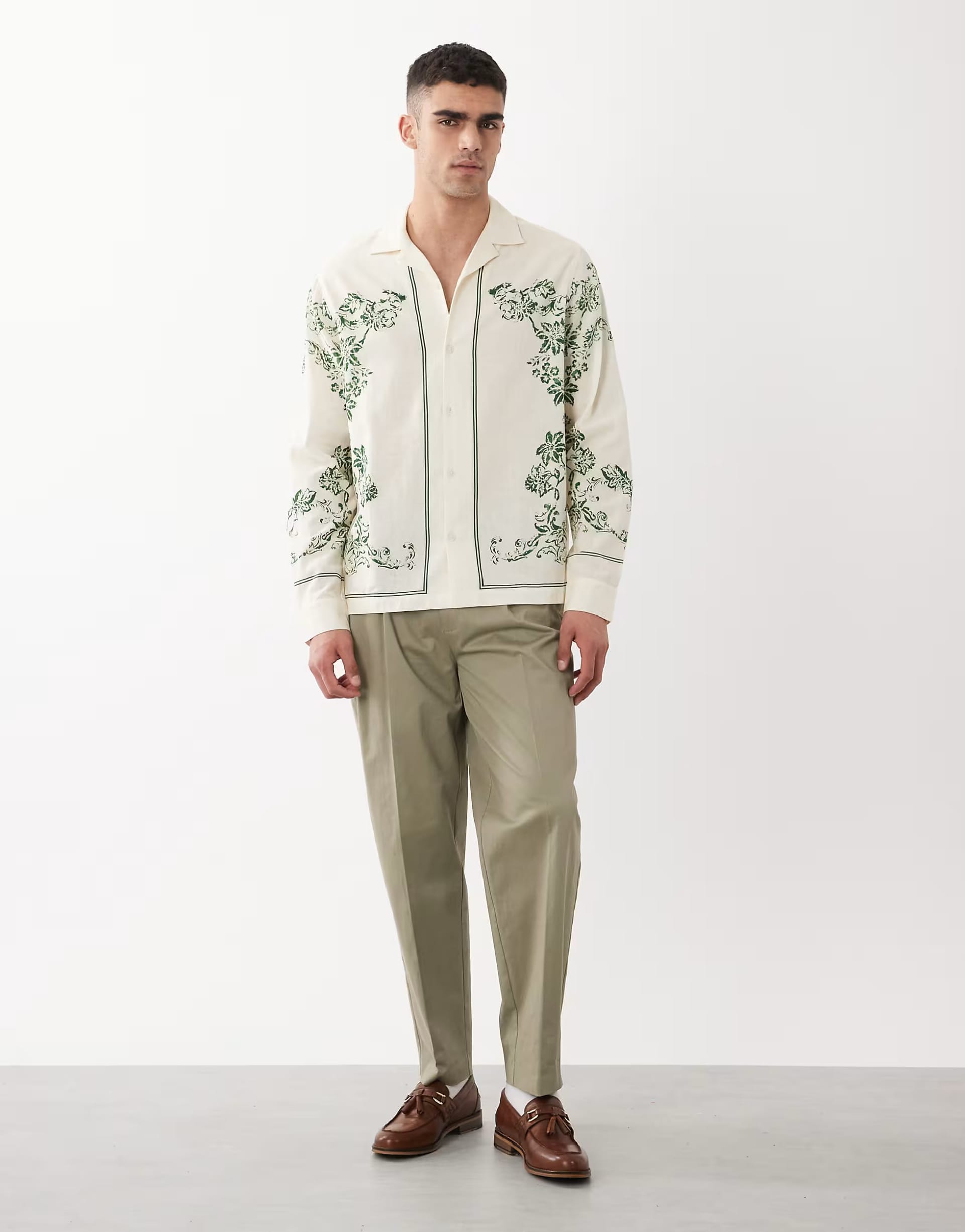 ASOS DESIGN White Linen Floral Print Relaxed Shirt