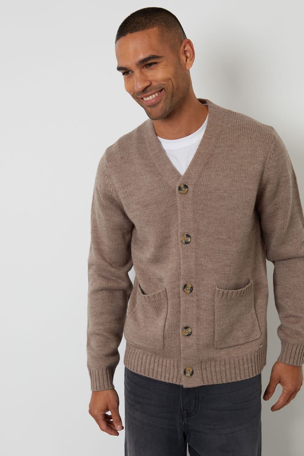 Threadbare Threadbare Men's Knitted V-Neck Cardigan in Taupe