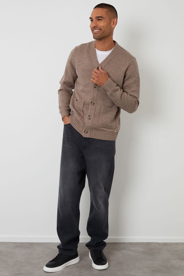Threadbare Threadbare Men's Knitted V-Neck Cardigan in Taupe - 3