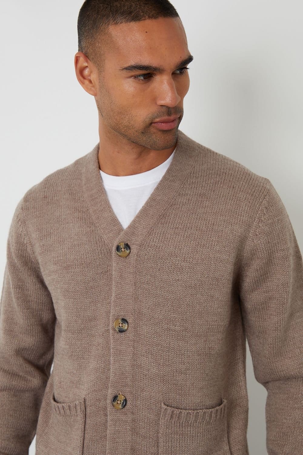 Threadbare Threadbare Men's Knitted V-Neck Cardigan in Taupe - 4