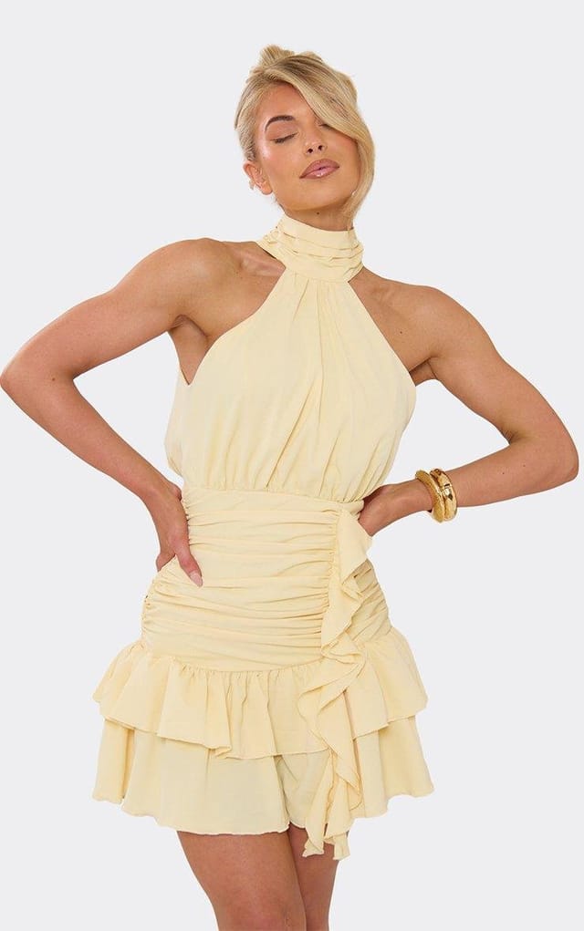 EGO Halterneck Frill Detail Ruched Mini Dress In Lemon, Women's Size UK 6 - 2