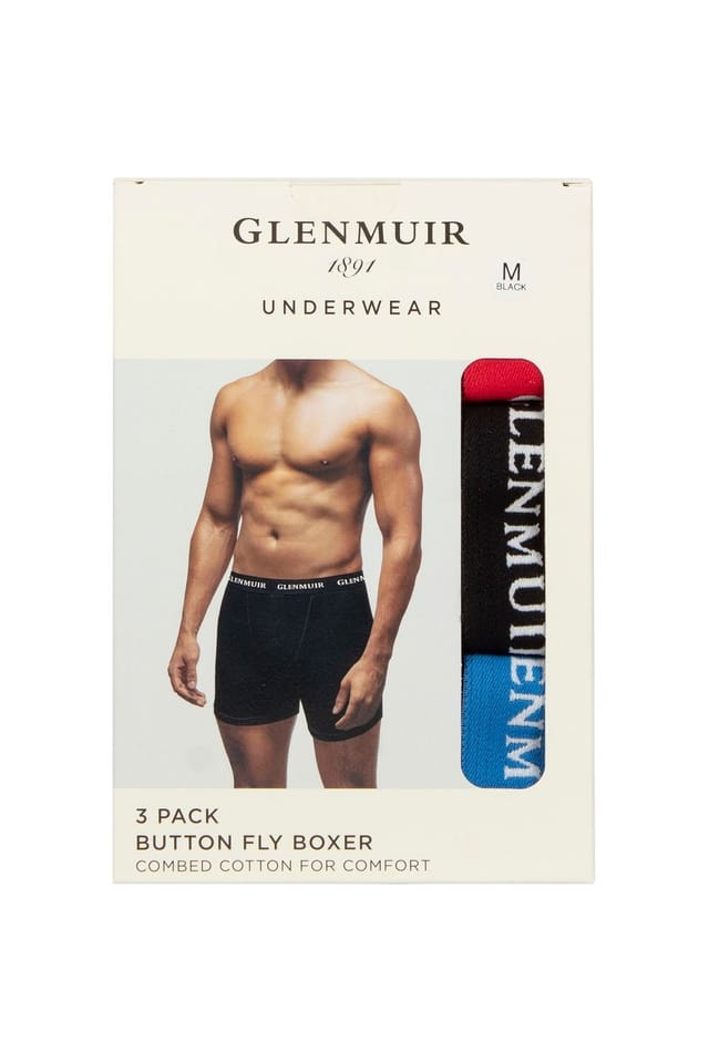 Glenmuir Glenmuir Men's Mens 3 Pack William Button Front Cotton Boxer Shorts in Black - 2