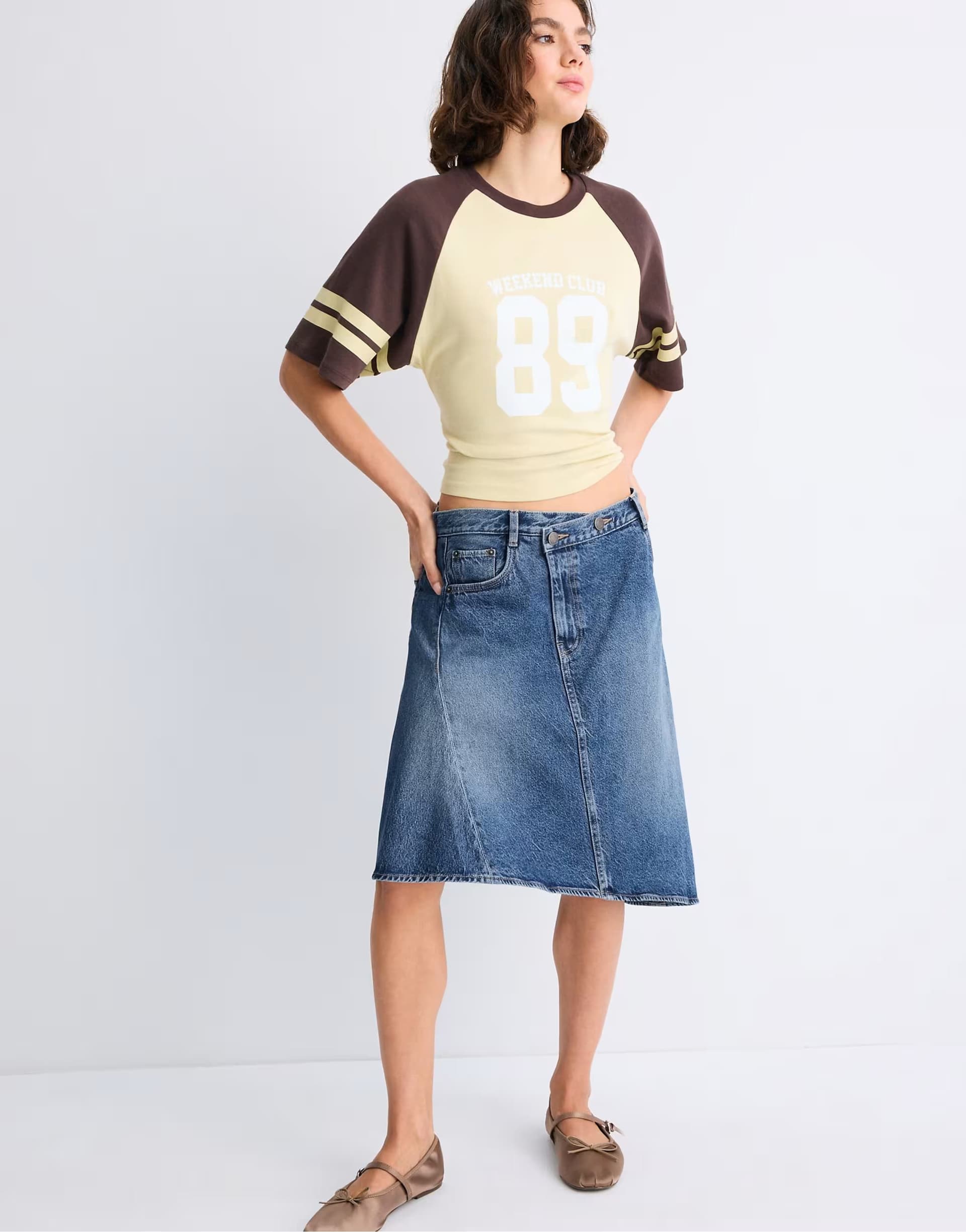 ASOS Stradivarius Asymmetric midi skirt in medium blue denim