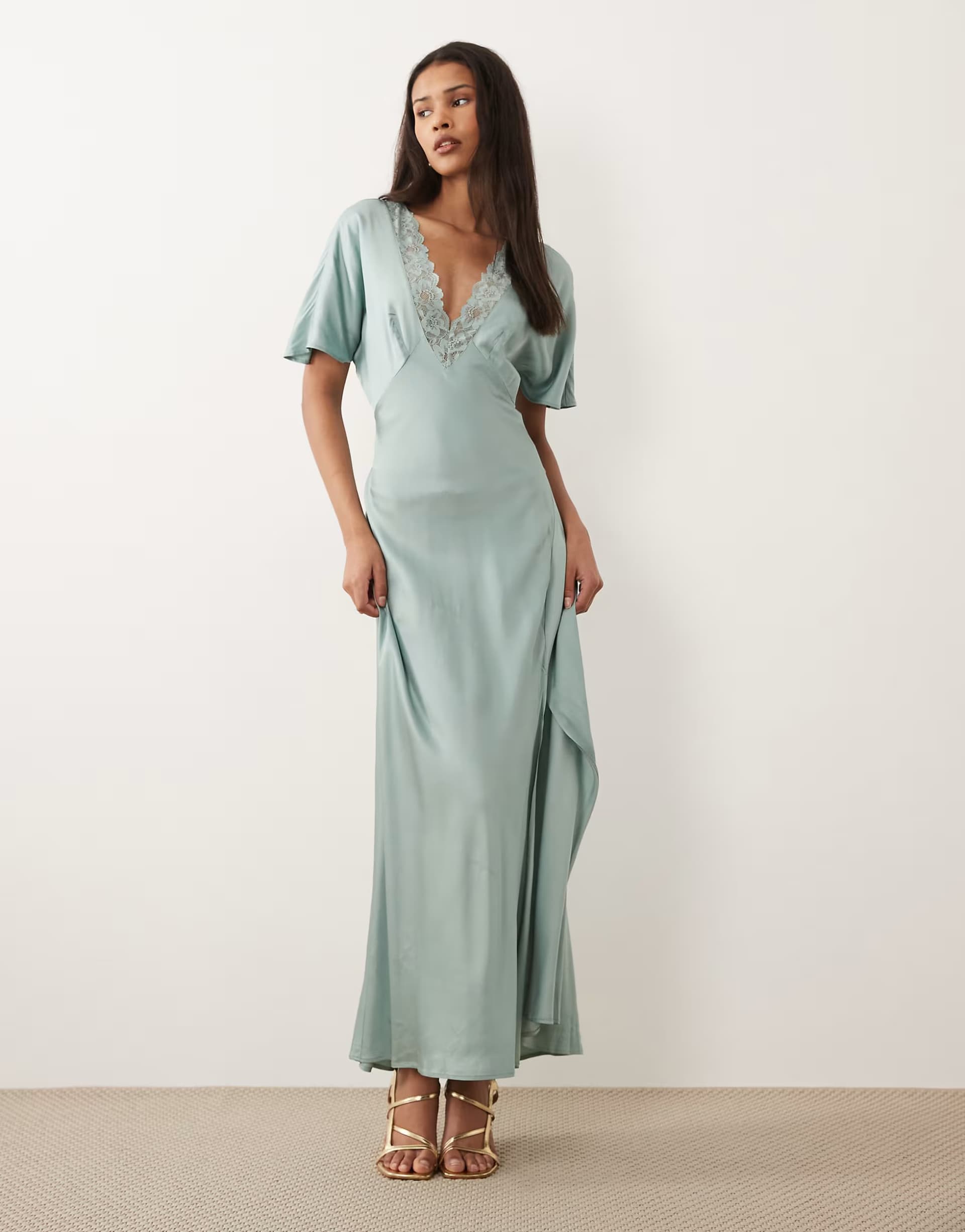 ASOS Vila lace trim v neck satin maxi dress in blue surf