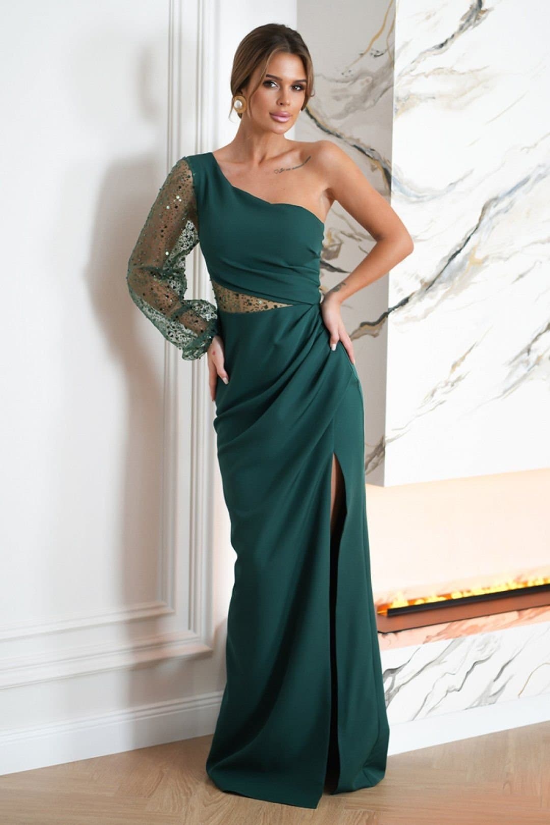 Love Lace Love Lace Women's Long Asymmetrical Sequin One Shoulder Slit Gown in Green