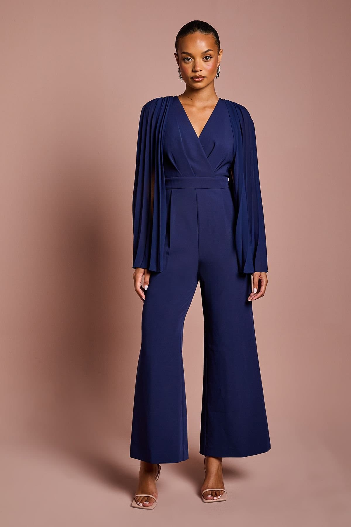 Coast Coast Women's Petite V Neck Pleated Long Sleeve Jumpsuit in Navy