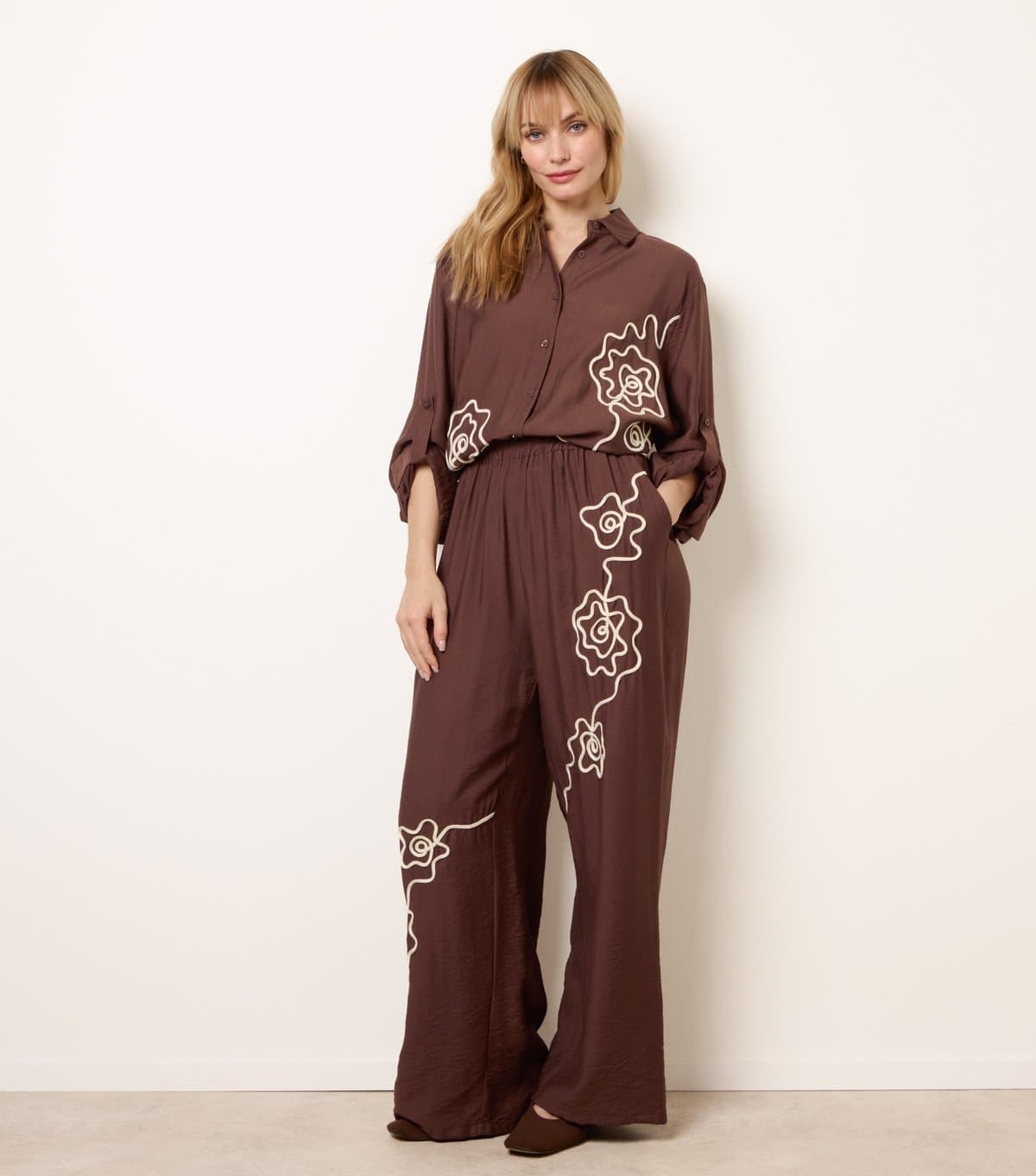 Blue Vanilla Women's Dark Brown Floral Embroidered Trousers Blue Vanilla New Look