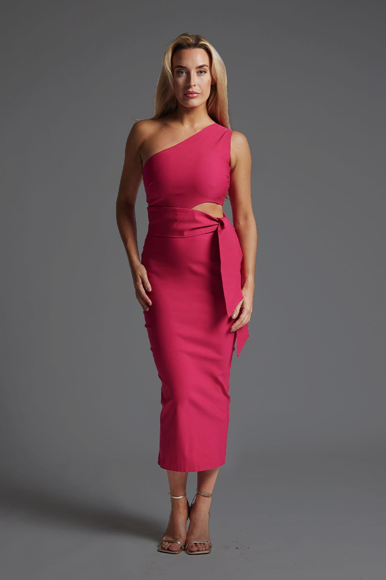 Vesper Vesper Women's One Shoulder Midaxi Dress with Belt in Cerise