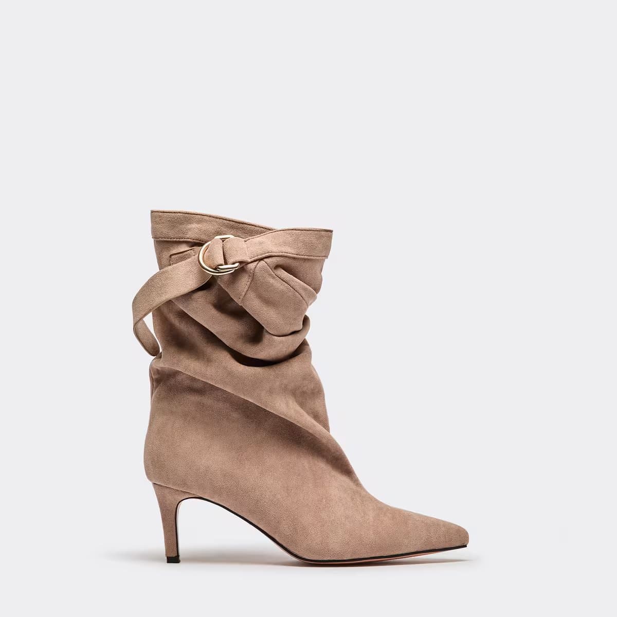 EGO Sonnet Buckle Detail Pointed Toe Kitten Heel Slouched Ankle Boot In Beige Faux Suede, Women's Size UK 3