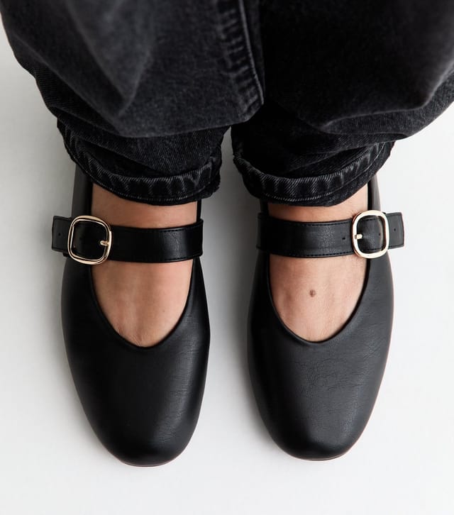 New Look Women's Black Faux Leather Mary Jane Flats Vegan New Look - 2