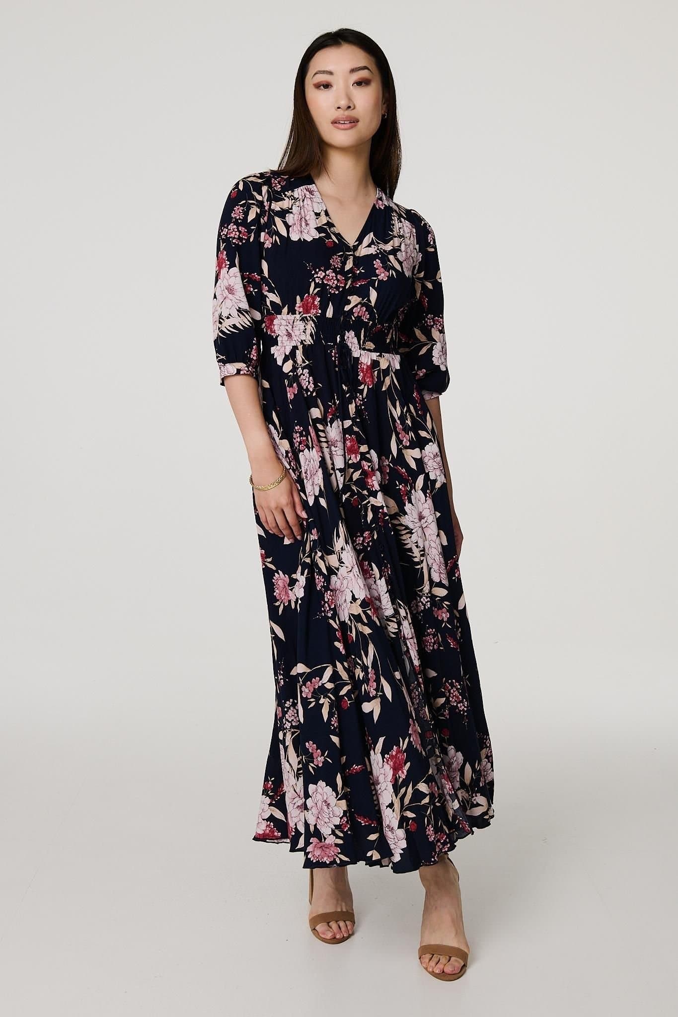 Izabel London Izabel London Women's Floral 3/4 Sleeve A-Line Maxi Dress in Blue