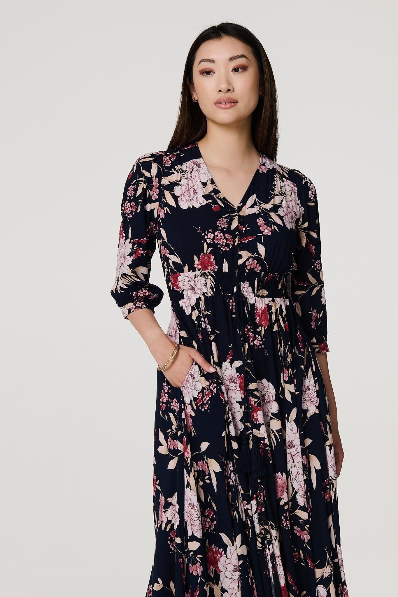 Izabel London Izabel London Women's Floral 3/4 Sleeve A-Line Maxi Dress in Blue - 4