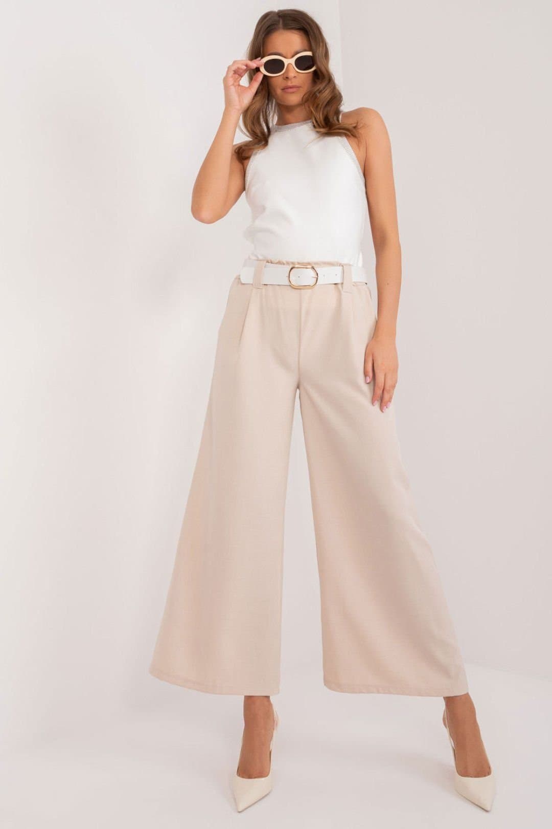 Love Lace Love Lace Women's High Waist Palazzo Trousers with Belt Pockets Style 196220 in Beige