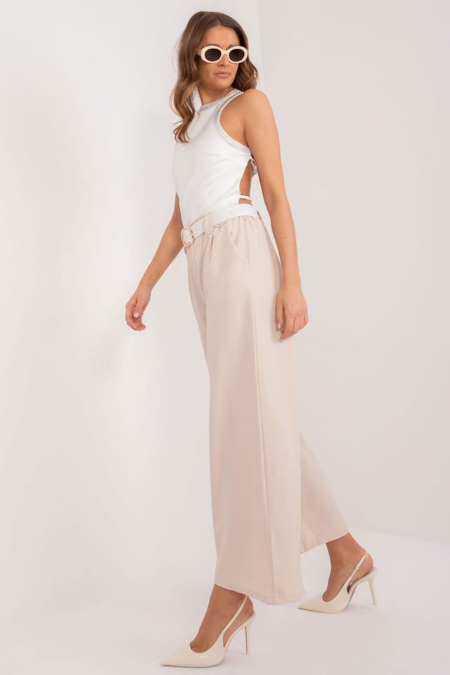 Love Lace Love Lace Women's High Waist Palazzo Trousers with Belt Pockets Style 196220 in Beige - 2