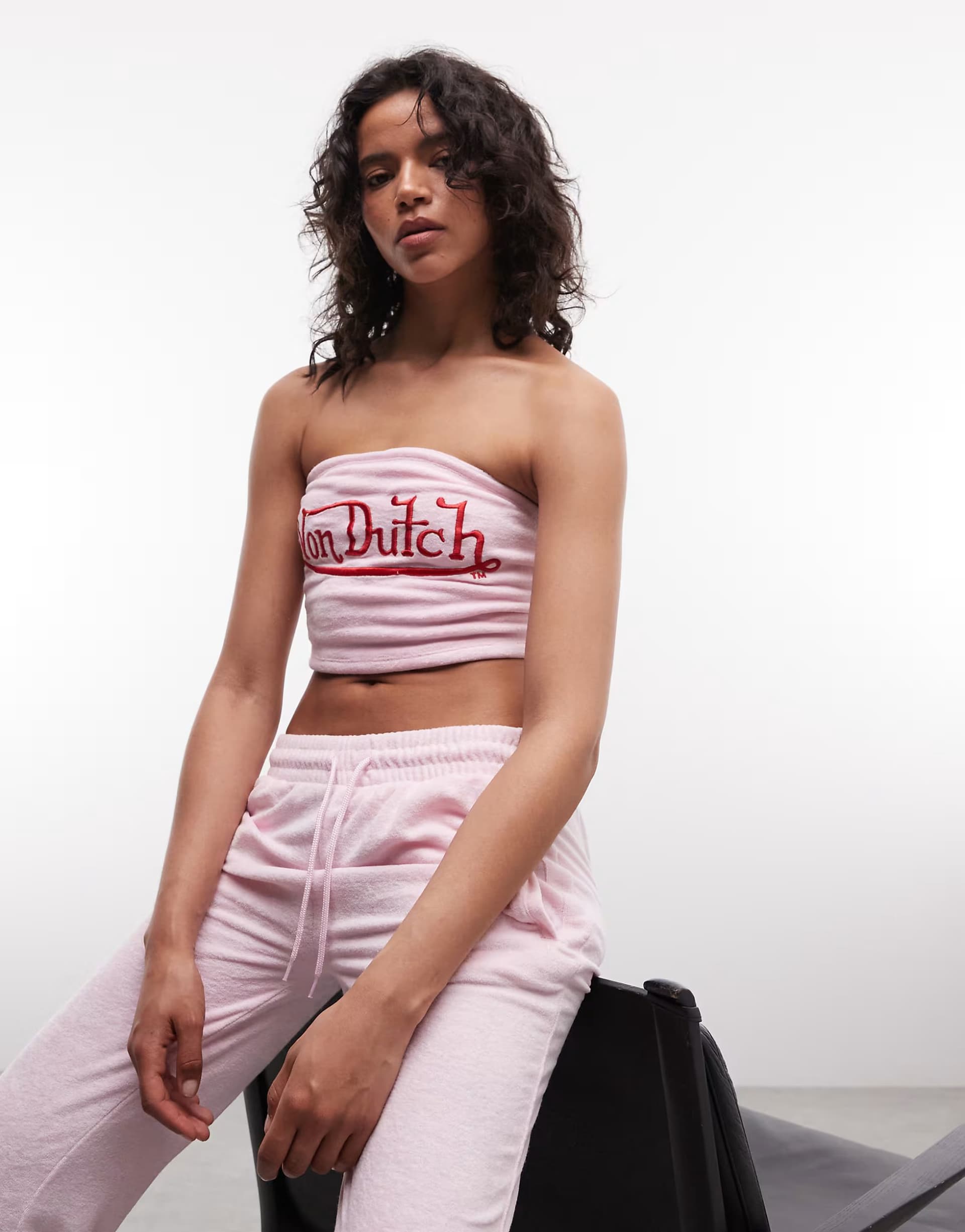 ASOS Von Dutch 3 piece y2k cropped bandeau velour top with contrast graphic in pink co-ord