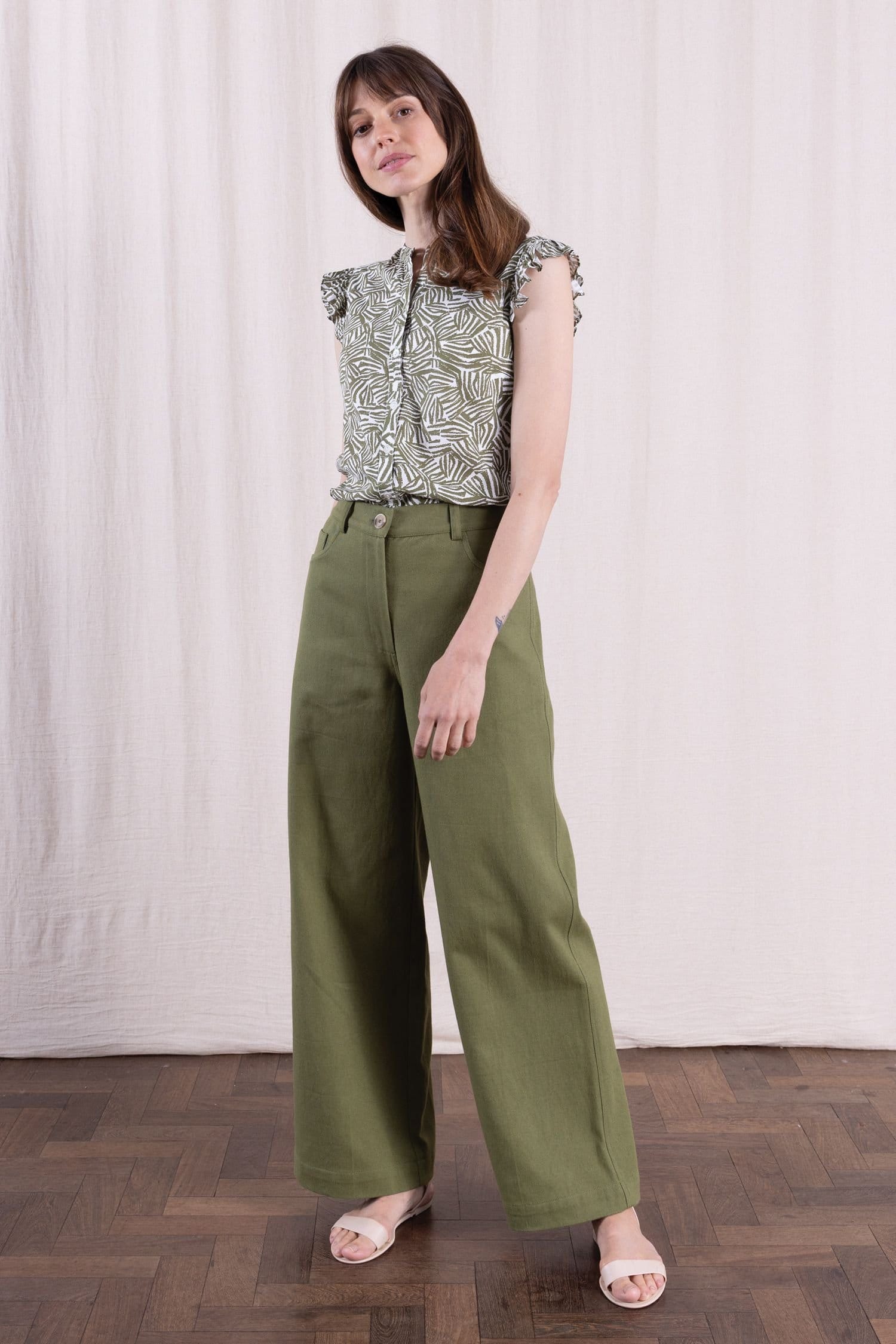 Nomads Clothing Green Cotton Drill Wide Leg Trousers
