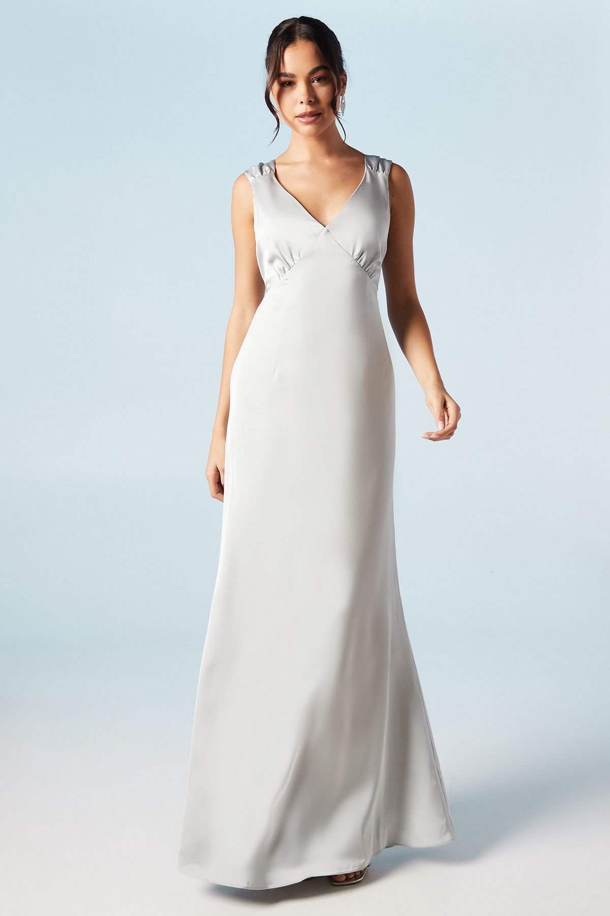 Coast Coast Women's Ruched Shoulder Satin Bridesmaid Dress in Sage - 2