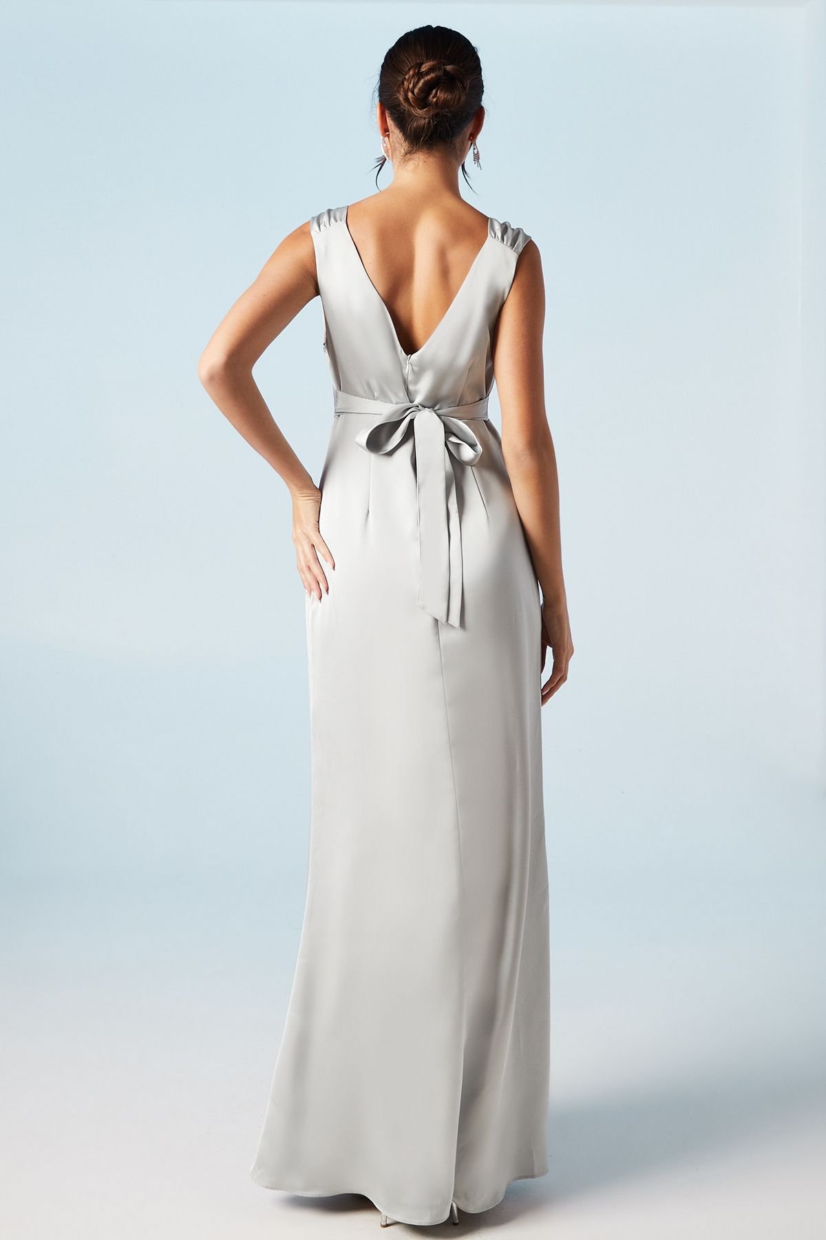 Coast Coast Women's Ruched Shoulder Satin Bridesmaid Dress in Sage - 3